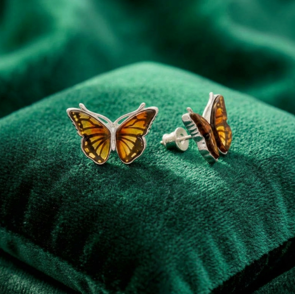 Sterling Silver Baltic Amber Butterfly Earrings