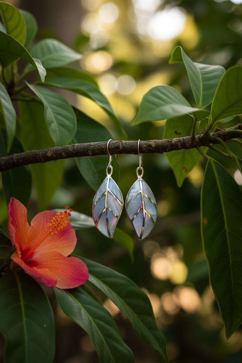 Blue Mother of Pearl Leaf Earrings - Exotic Branch