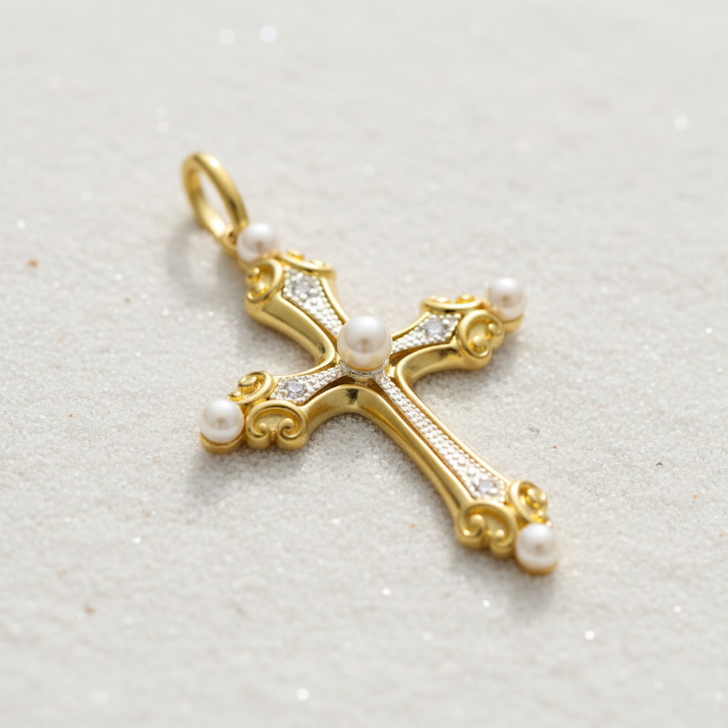 Gold Cross Pendant - White Sand