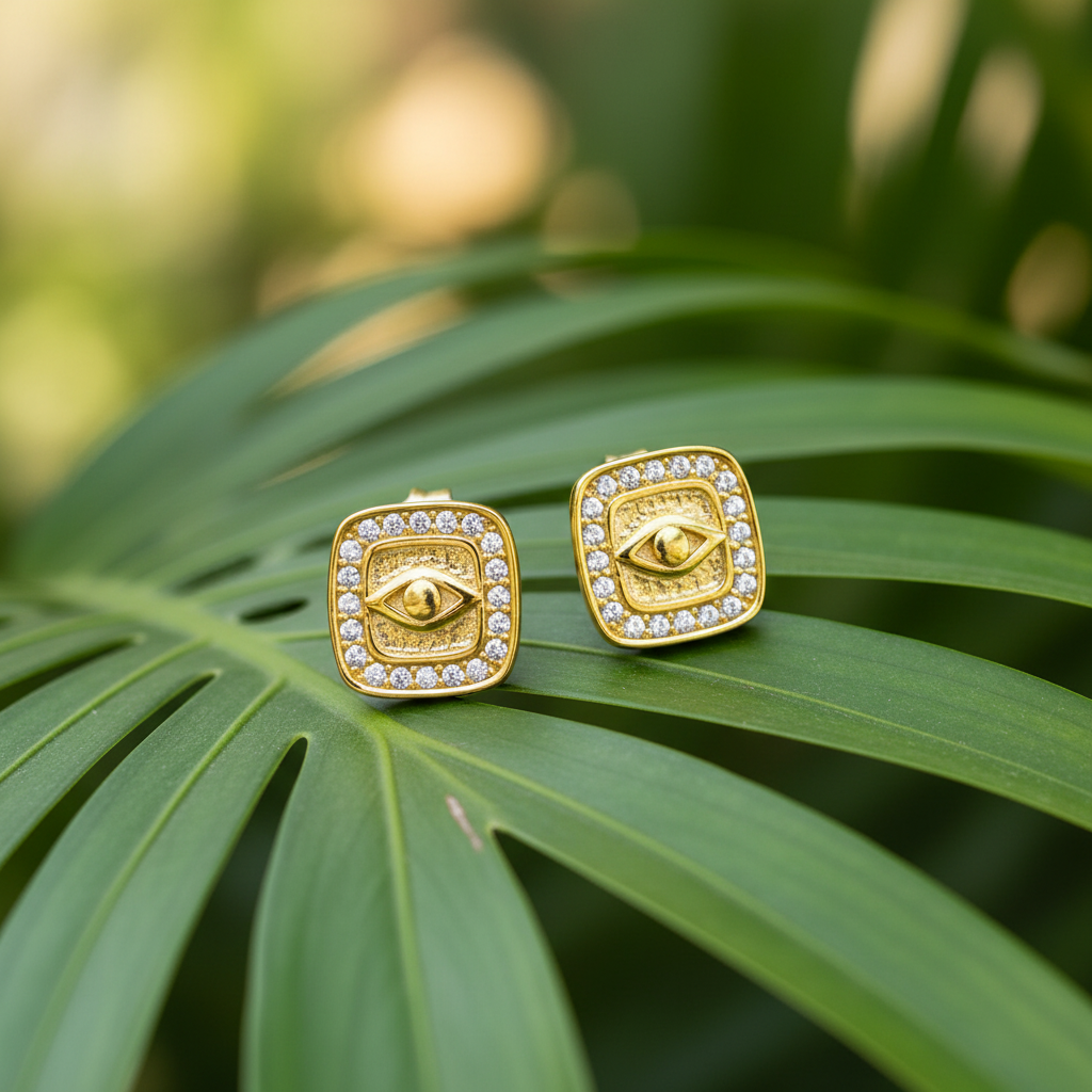 Gold Evil Eye Earrings - On Leaf