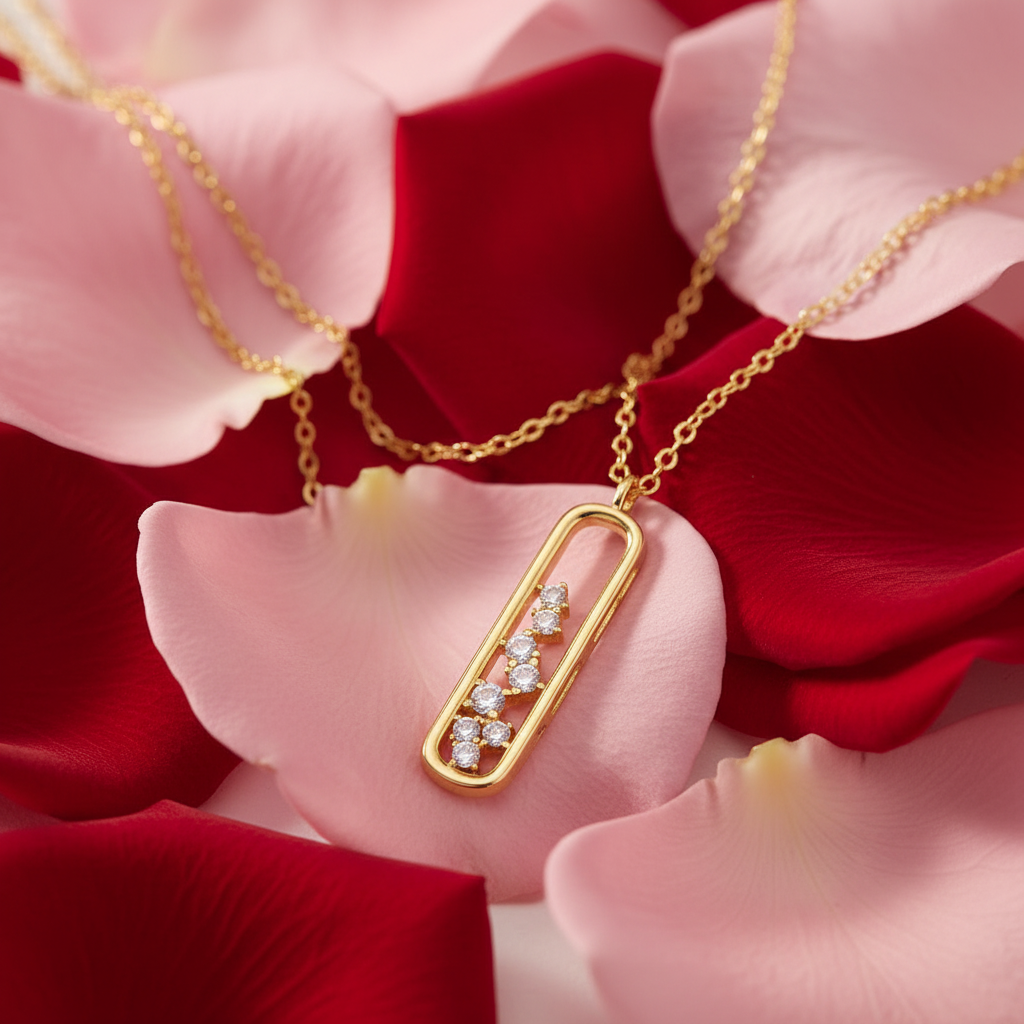 Gold Oval CZ Pendant - Rose Petals