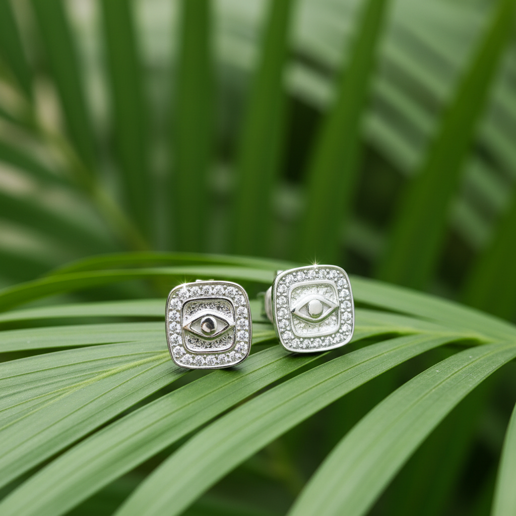 Silver Evil Eye Earrings - On Leaf