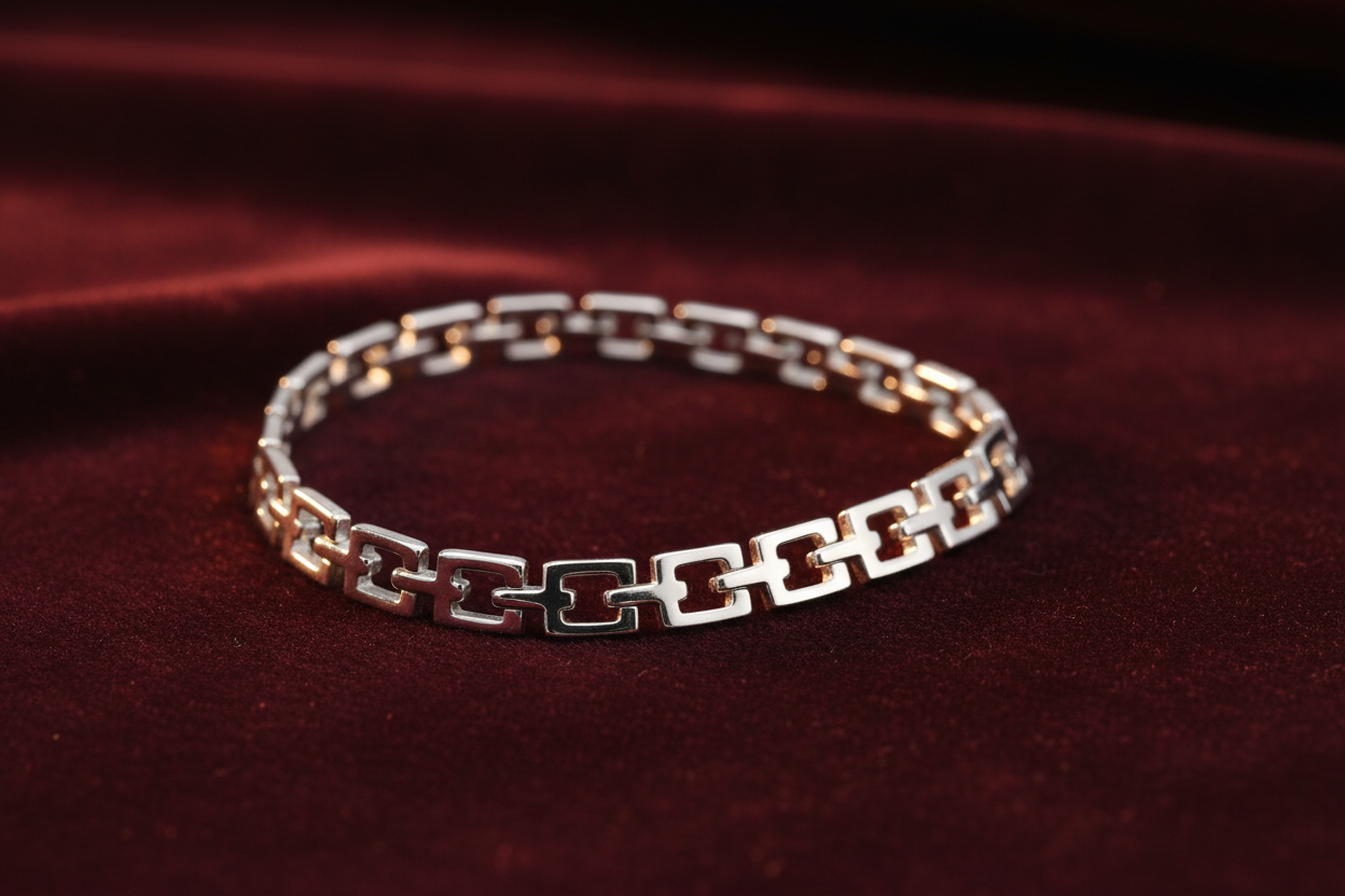 Silver Link Bracelet - Burgundy Velvet