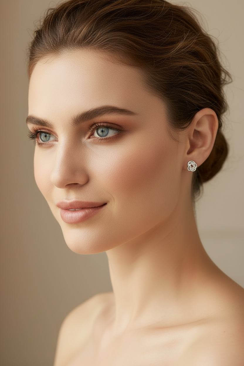 Sterling Silver Love Knot Earrings - On Model, Very Small