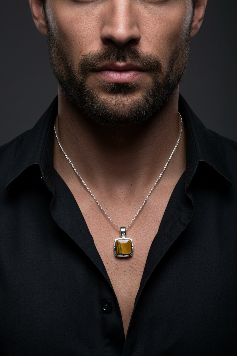 Tiger's Eye Silver Pendant - Male Model Editorial
