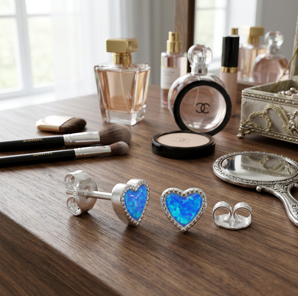 Dainty Blue Opal Heart Studs