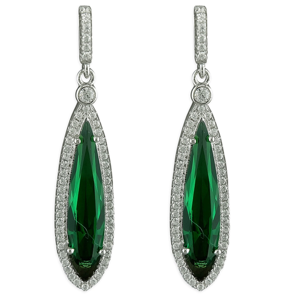 Sterling Silver Earrings - Green crystal teardrop with fine crystals outline