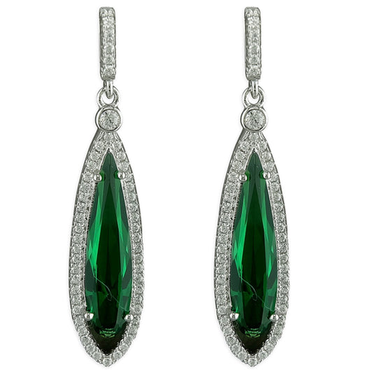 Sterling Silver Earrings - Green crystal teardrop with fine crystals outline