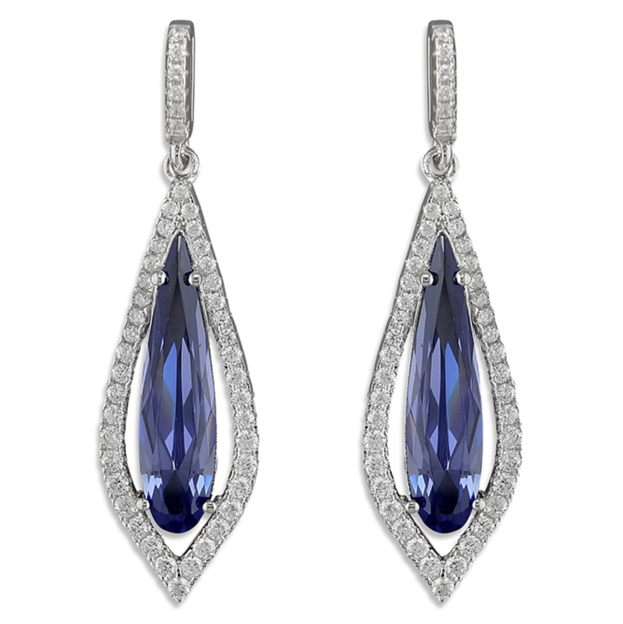 Sterling Silver Earrings - Blue crystal teardrop with fine crystals outline