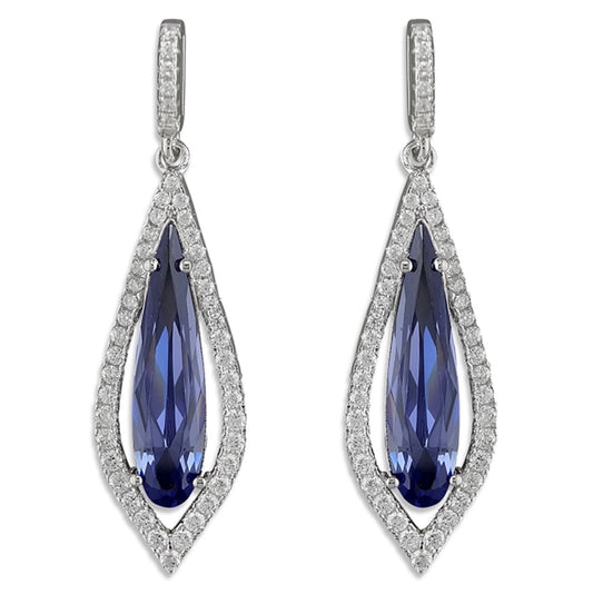 Sterling Silver Earrings - Blue crystal teardrop with fine crystals outline