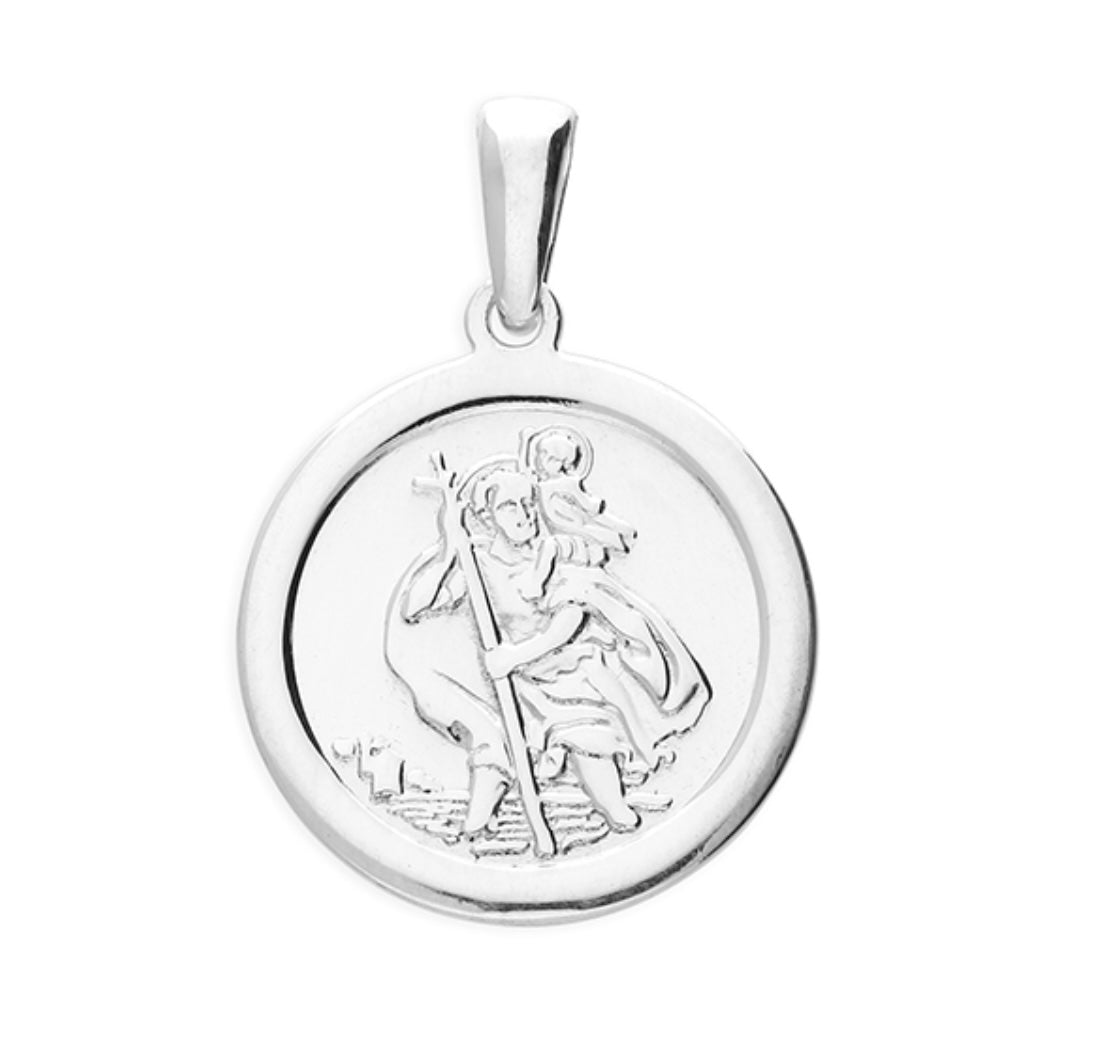 Sterling Silver St Christopher - 23mm Plain round single sided with an antique finish