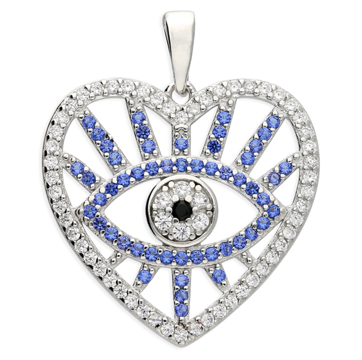 Sterling Silver Evil Eye In Heart Crystal Pendant