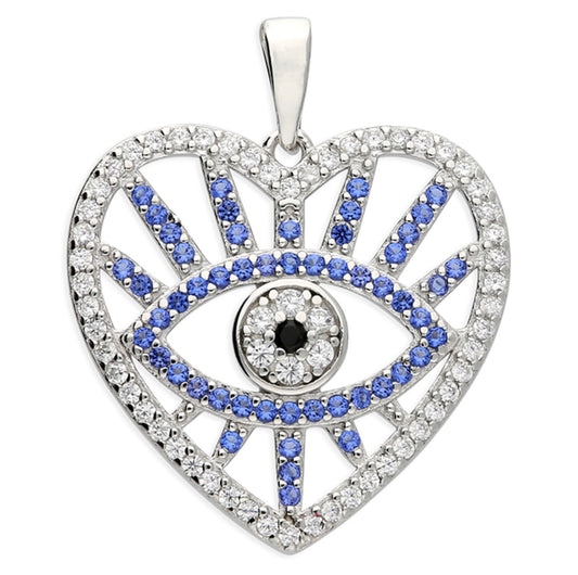 Sterling Silver Evil Eye In Heart Crystal Pendant