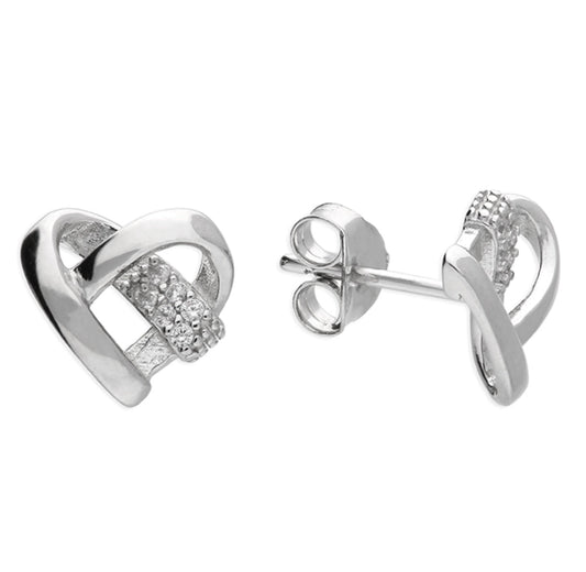 Sterling Silver Earrings - Crystal ribbon heart stud