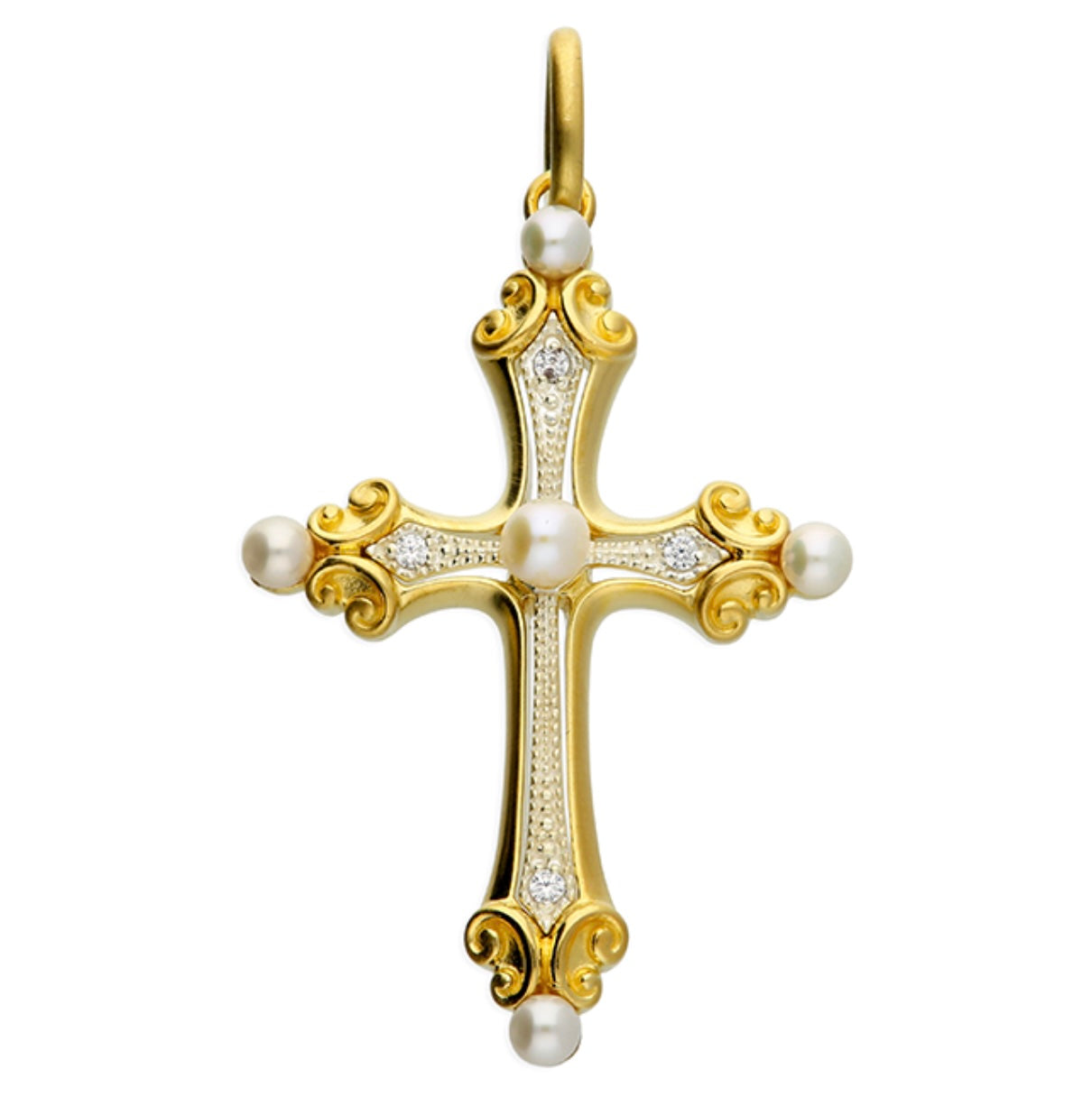 Sterling Silver Cross - Yellow gold-plated two-tone freshwater pearl crystal pendant