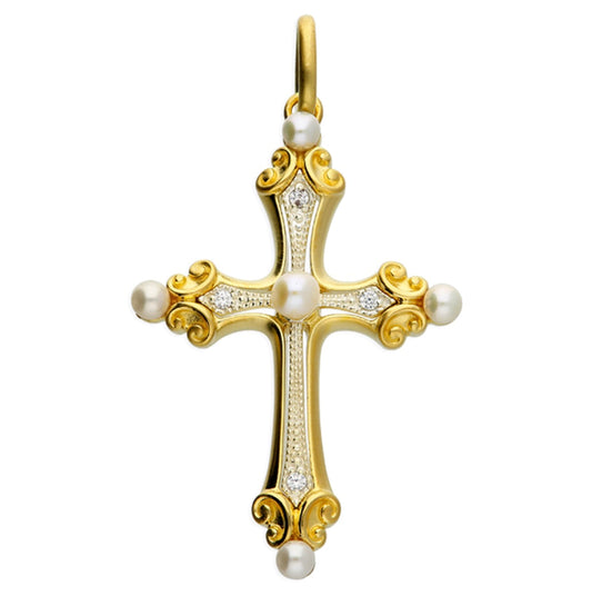 Sterling Silver Cross - Yellow gold-plated two-tone freshwater pearl crystal pendant