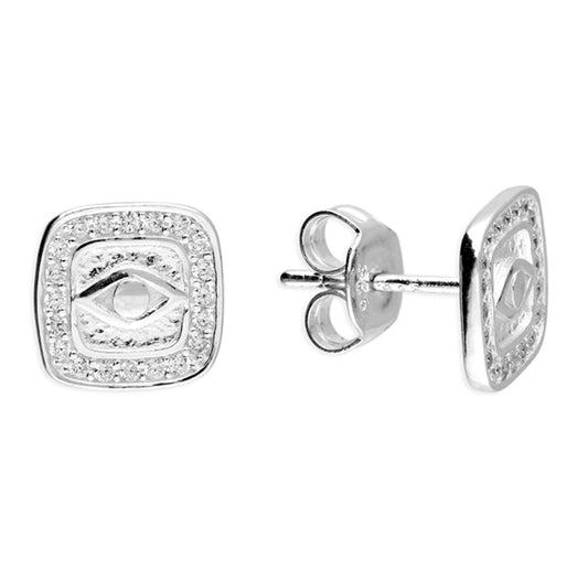 Sterling Silver Earrings - square evil eye studs with crystals