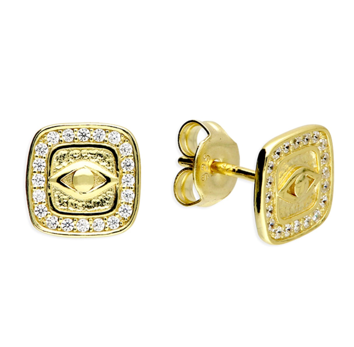 Sterling Silver Earrings - Yellow gold-plated crystal square evil eye studs