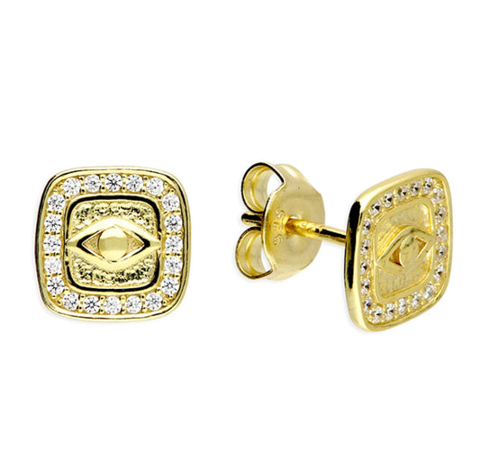 Sterling Silver Earrings - Yellow gold-plated crystal square evil eye studs