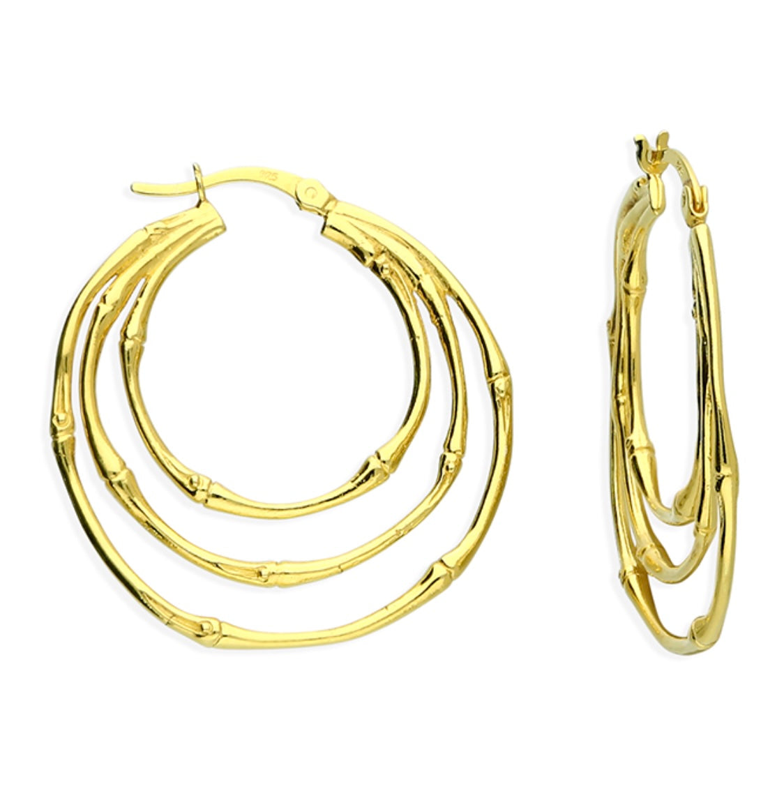 Sterling Silver Earrings - Gold-plated triple bamboo hoop