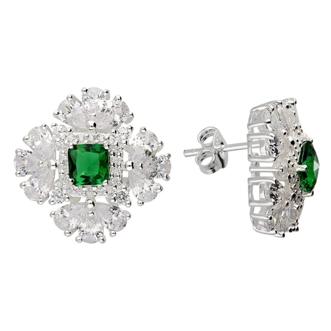 Silver Earring with Lab Created Emerald and Crystal Edge Studs