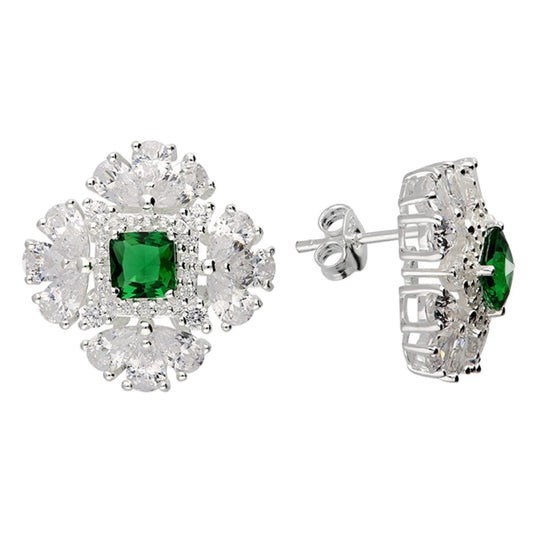 Silver Earring with Lab Created Emerald and Crystal Edge Studs
