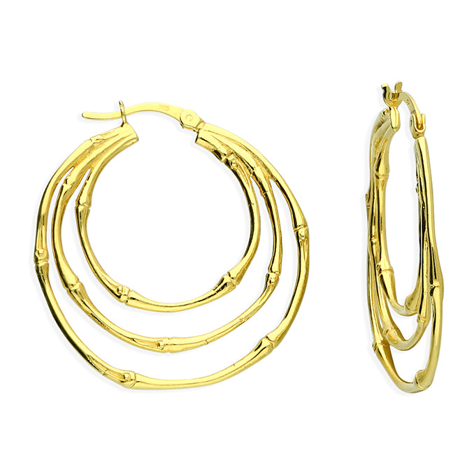 Gold-plated sterling silver triple bamboo hoop earrings