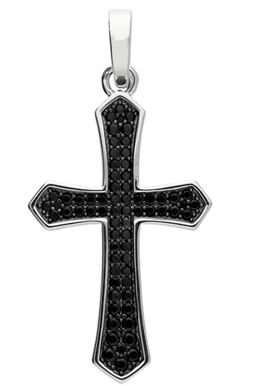 Rhodium Plated Sterling Silver Gothic Cross With Black Crystals