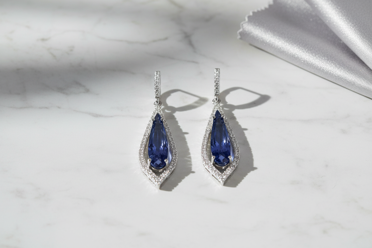 Blue Crystal Drop Earrings - Marble Table