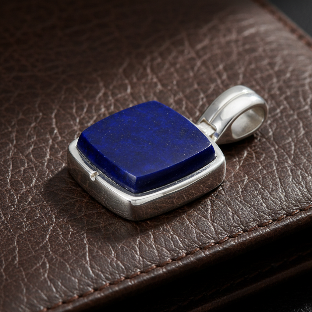 Blue Lapis Silver Pendant - Dark Leather