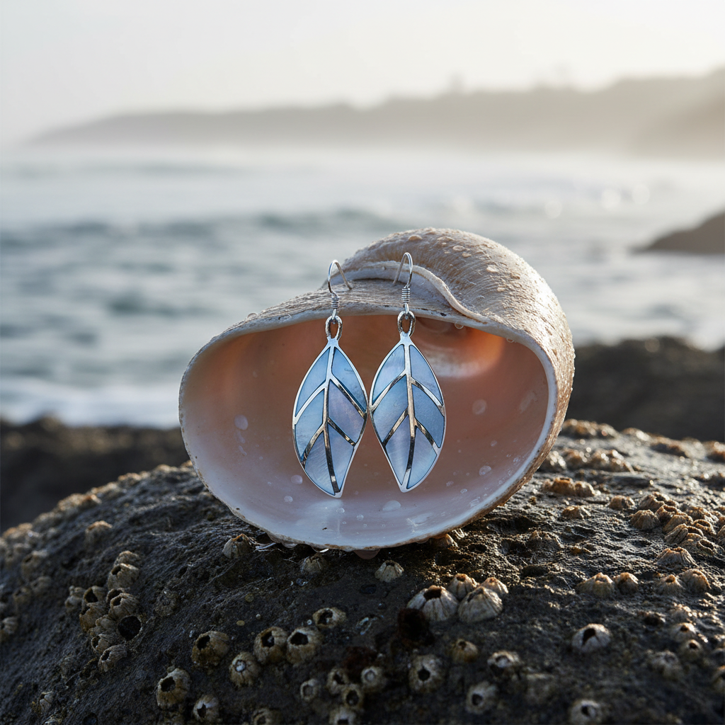 Blue Mother of Pearl Leaf Earrings - Shell on Rock