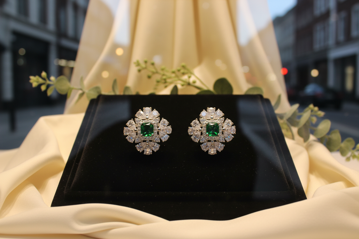 Emerald Green CZ Cluster Stud Earrings - Boutique Store Window