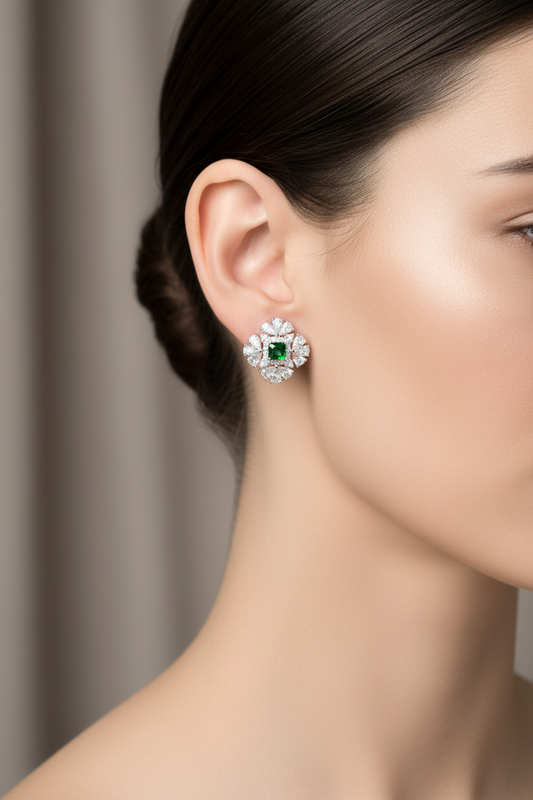 Emerald Green CZ Cluster Stud Earrings - Elegant Model