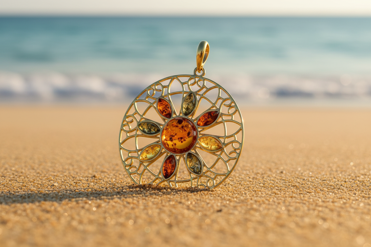 Gold Amber Filigree Pendant - Beach