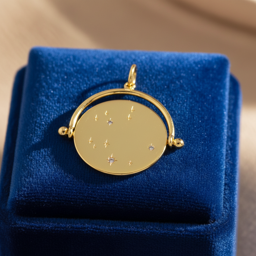 Gold Constellation Spinning Disc Pendant - Royal Blue Velvet Cushion
