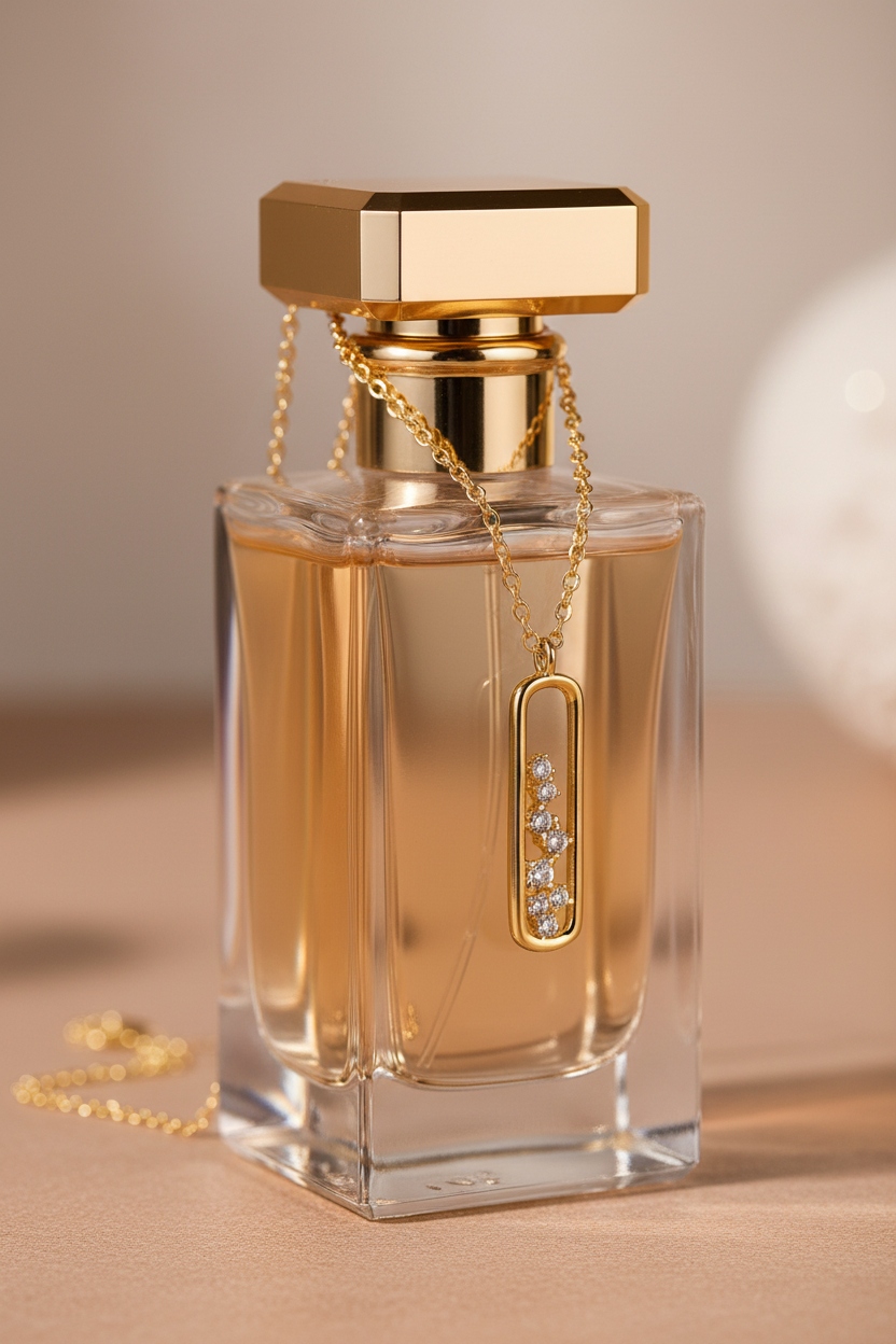Gold Oval CZ Pendant - Draped on Perfume Bottle