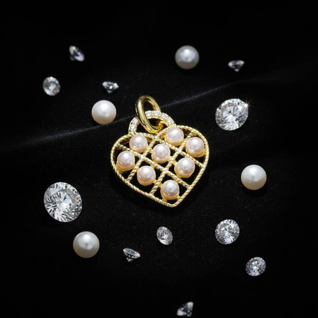 Gold Pearl Heart Lattice Pendant - Against Diamonds