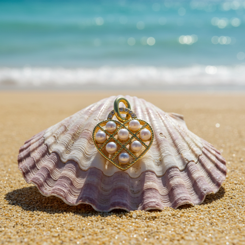 Gold Pearl Heart Lattice Pendant - Sunny Beach Shell