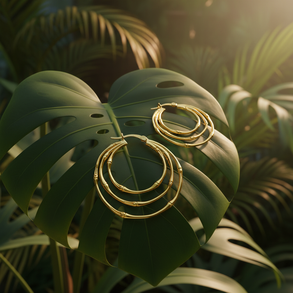 Gold Triple Hoop Earrings - Exotic Tropical Leaf