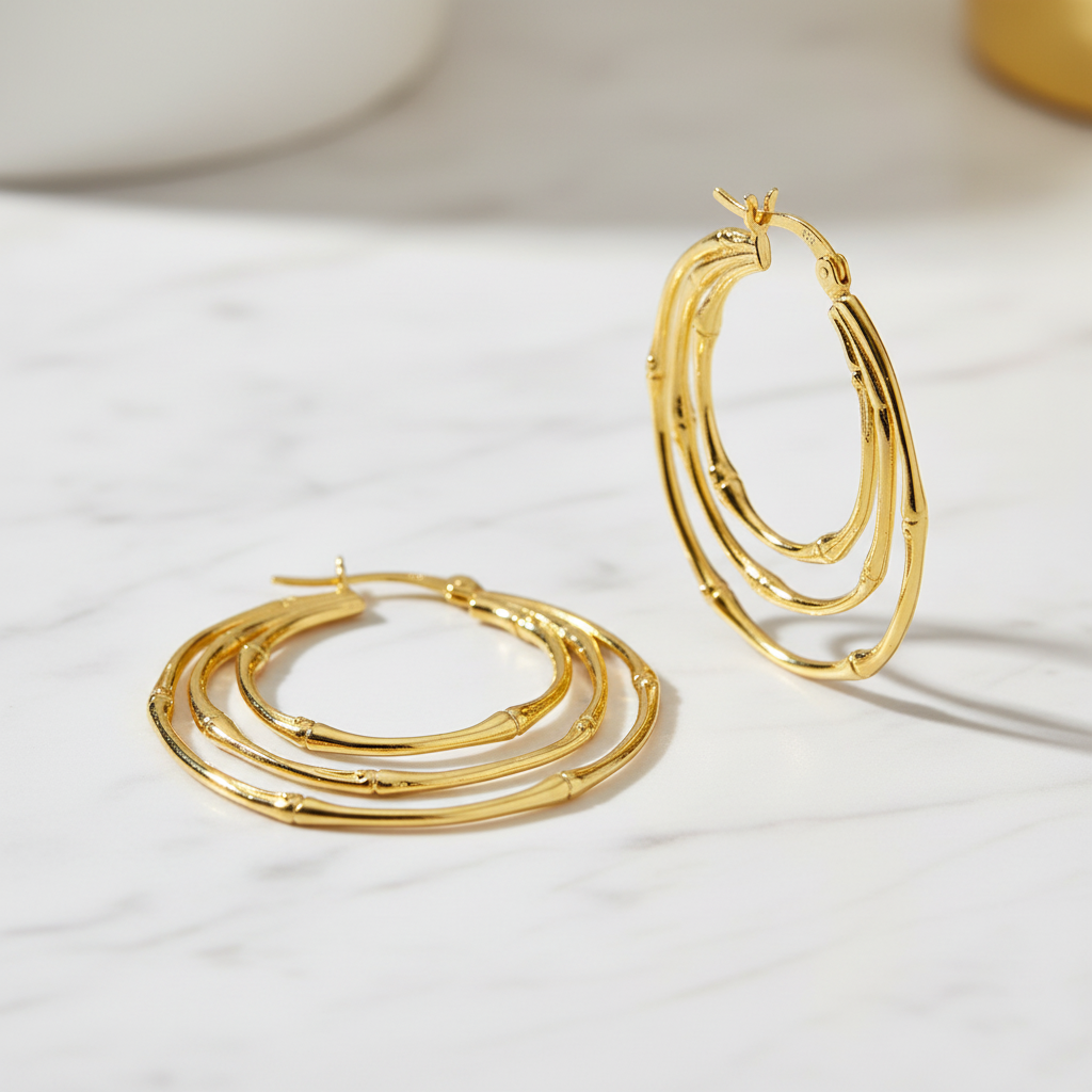 Gold Triple Hoop Earrings - White Marble
