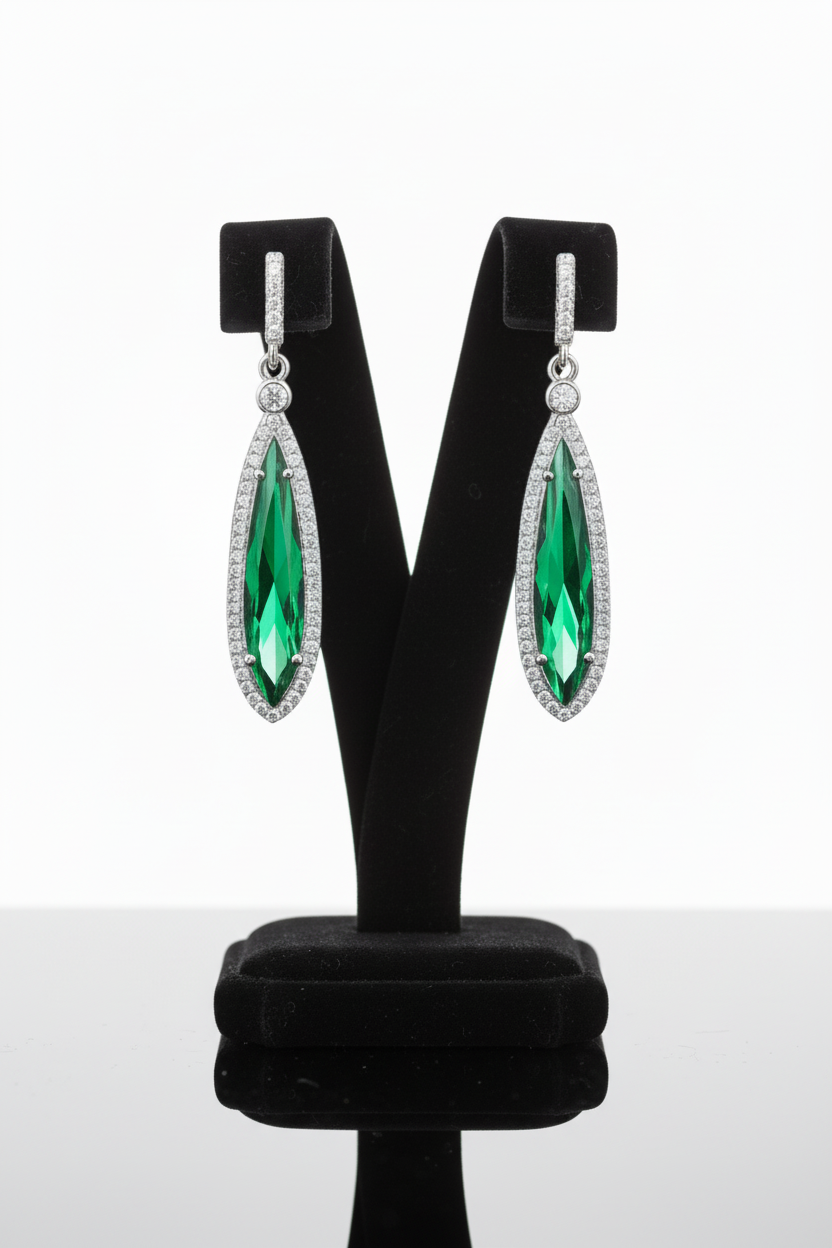 Green Crystal Drop Earrings - Black Stand