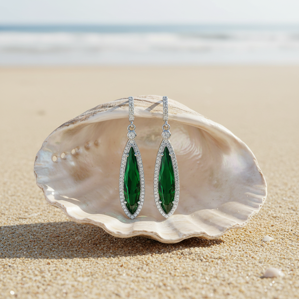 Green Crystal Drop Earrings - Seashell