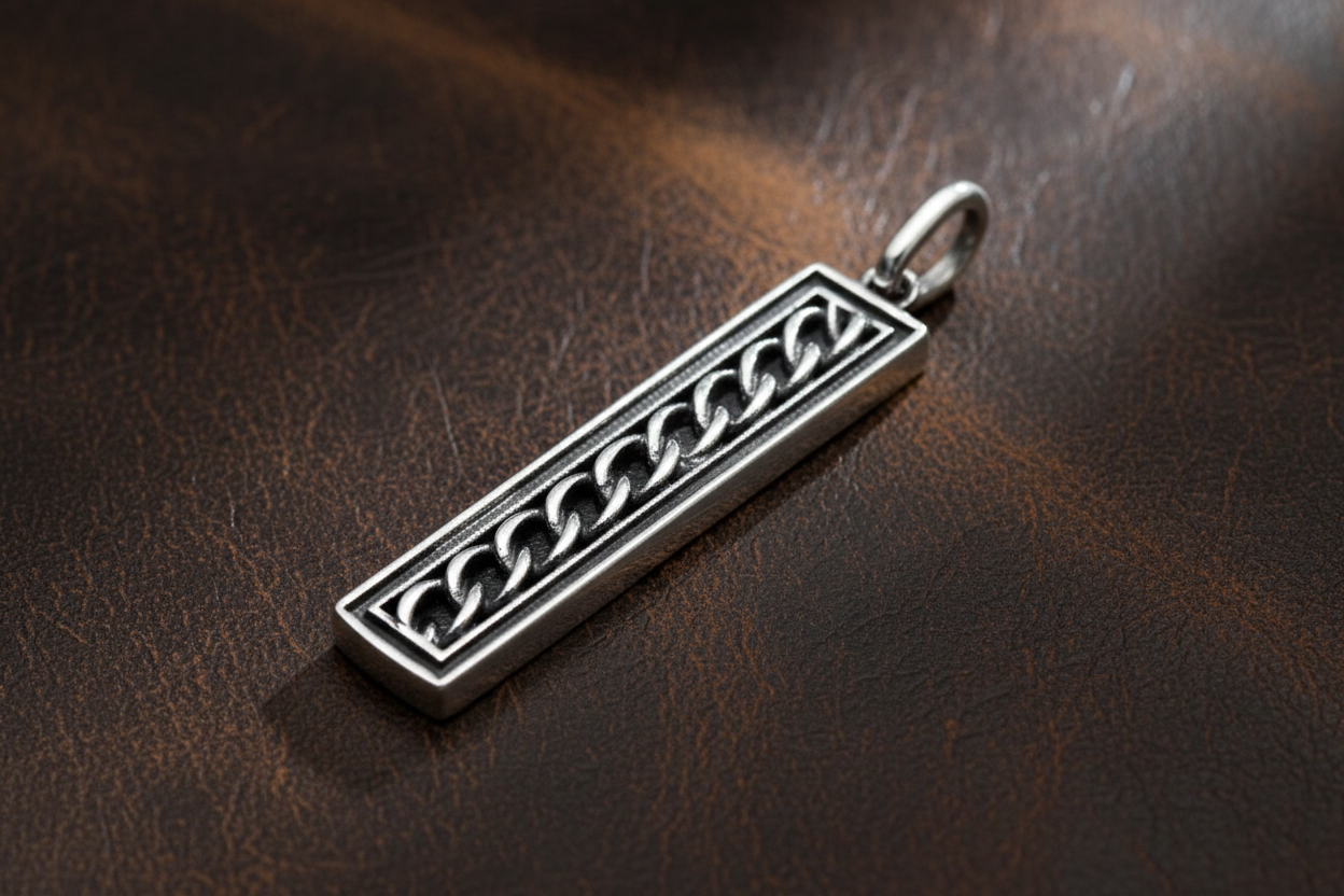 Silver Bar Pendant - Dark Leather