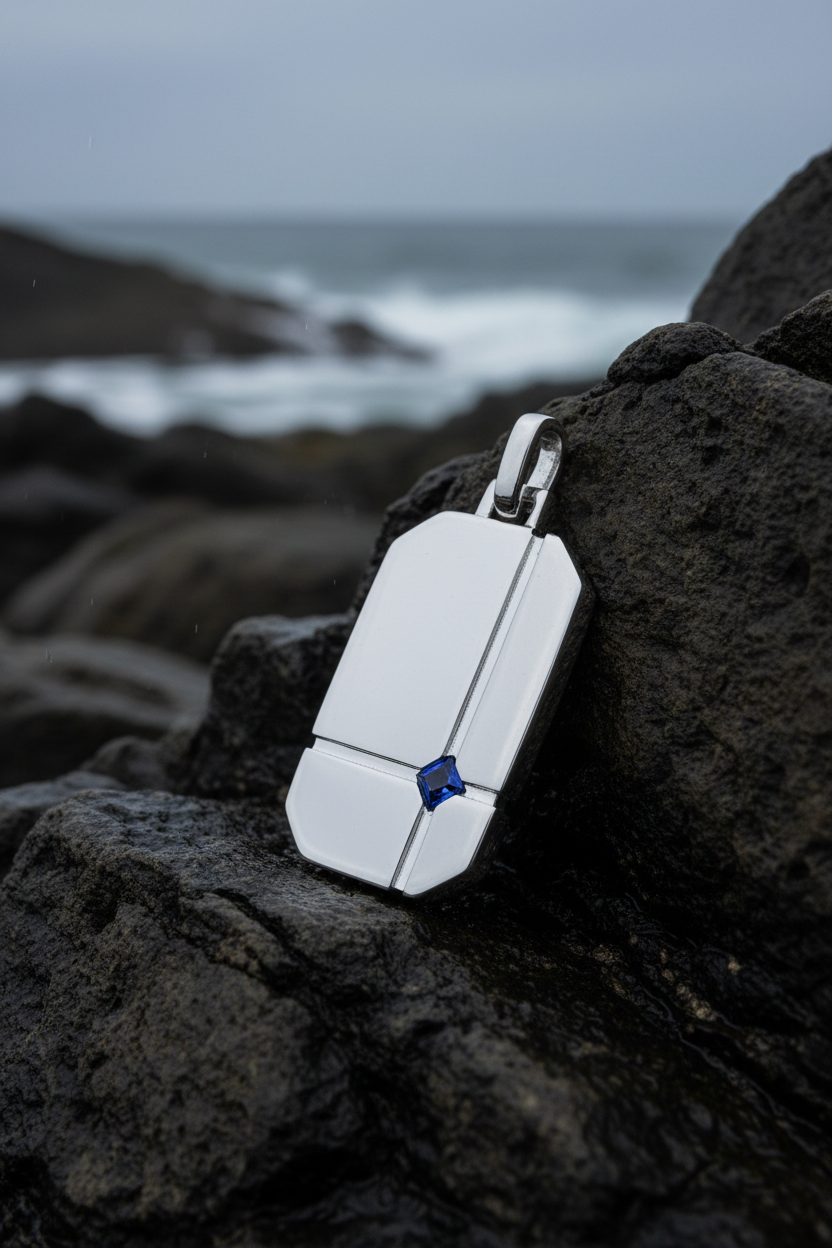 Silver Blue Sapphire Dog Tag - Against Rocks