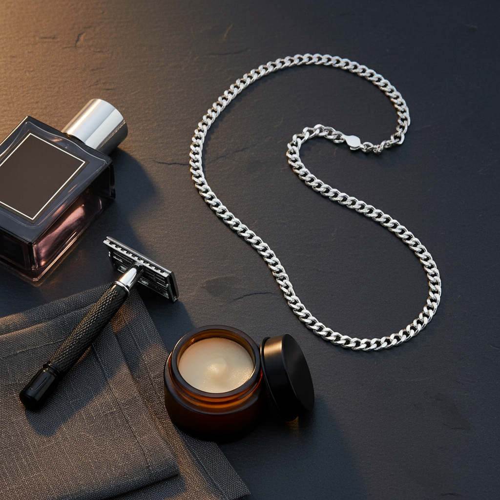 Silver Cuban Curb Chain Necklace - Men's Toiletries Flat Lay