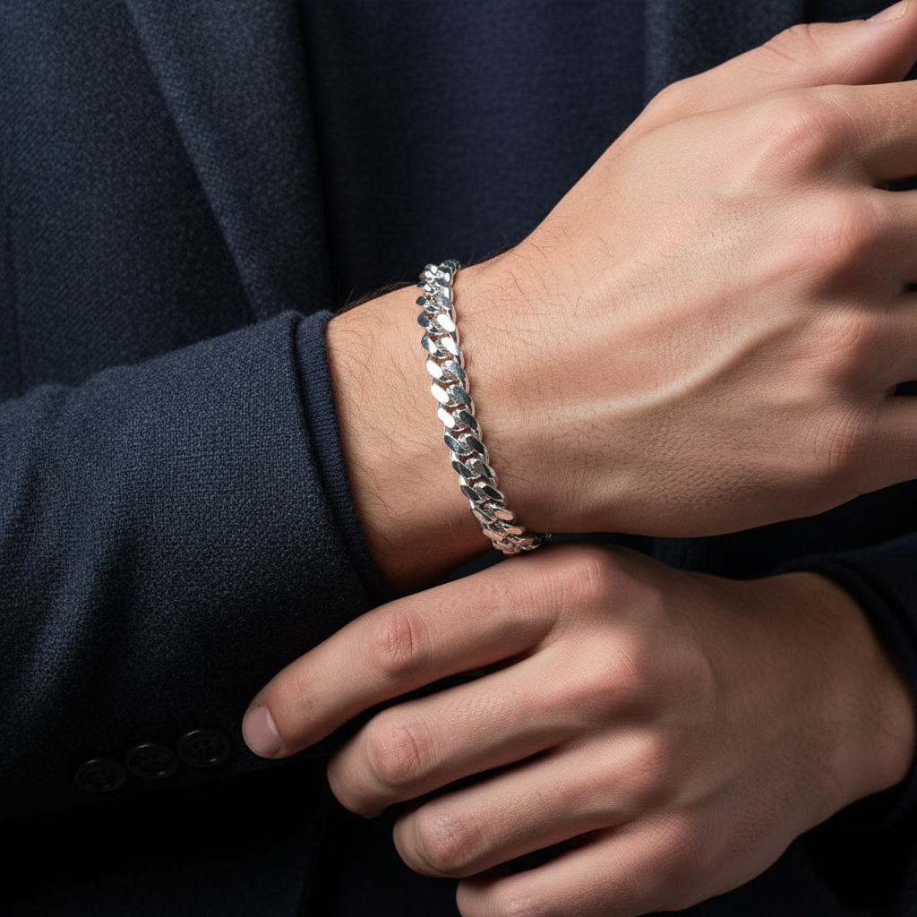 Silver Cuban Curb Link Bracelet - On Male Model
