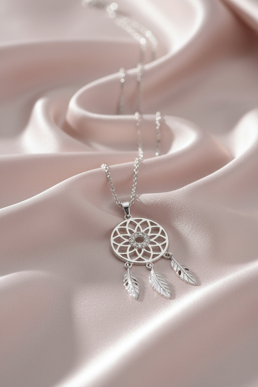 Silver Dreamcatcher Necklace - Flowing Silk