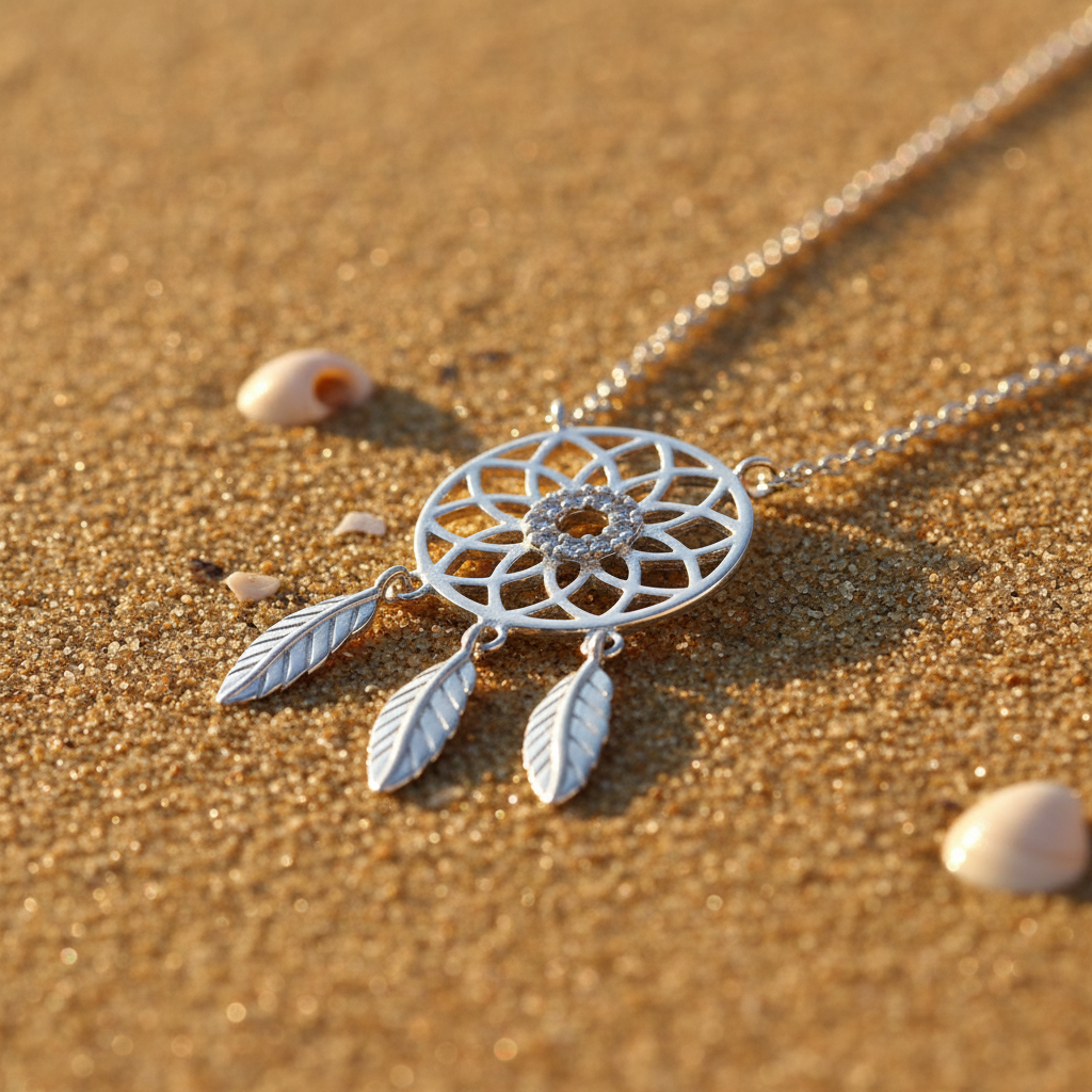 Silver Dreamcatcher Necklace - Golden Sand