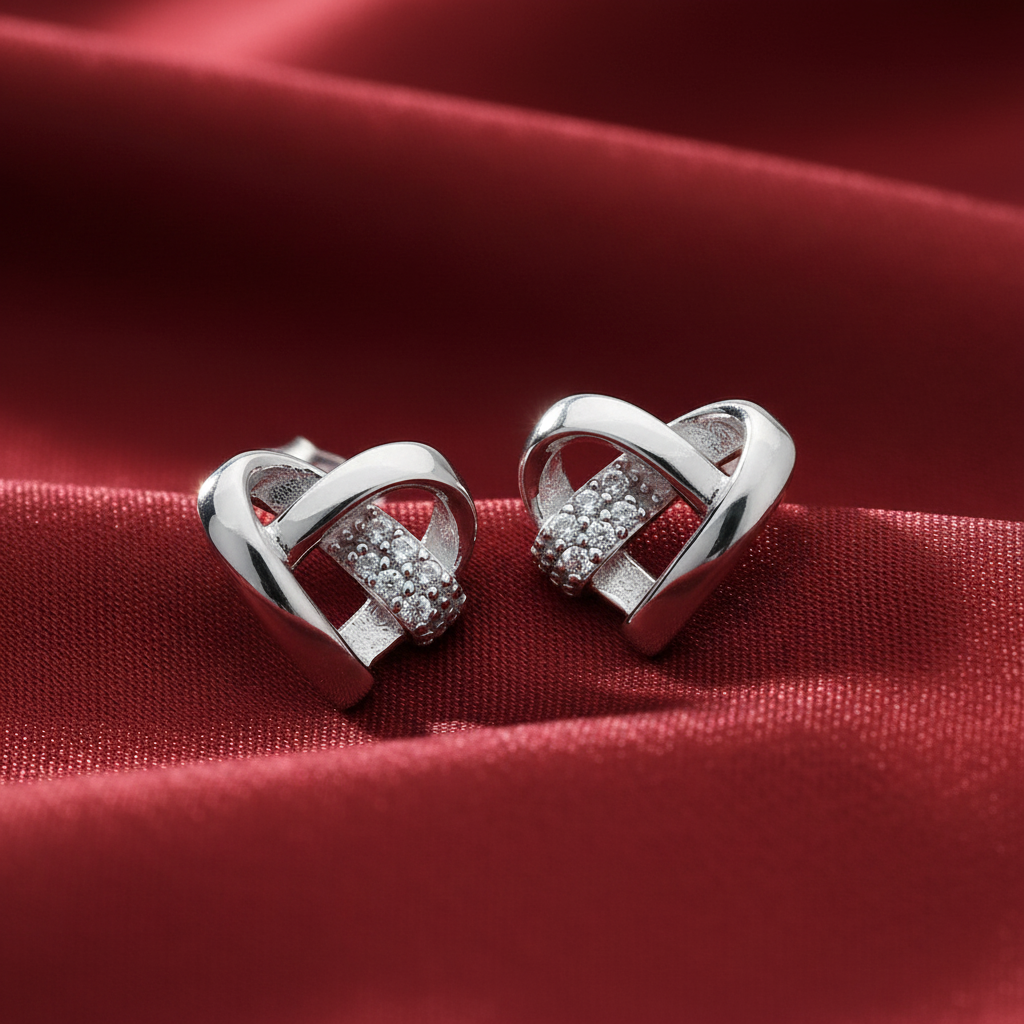 Silver Heart Knot Earrings - Red Silk