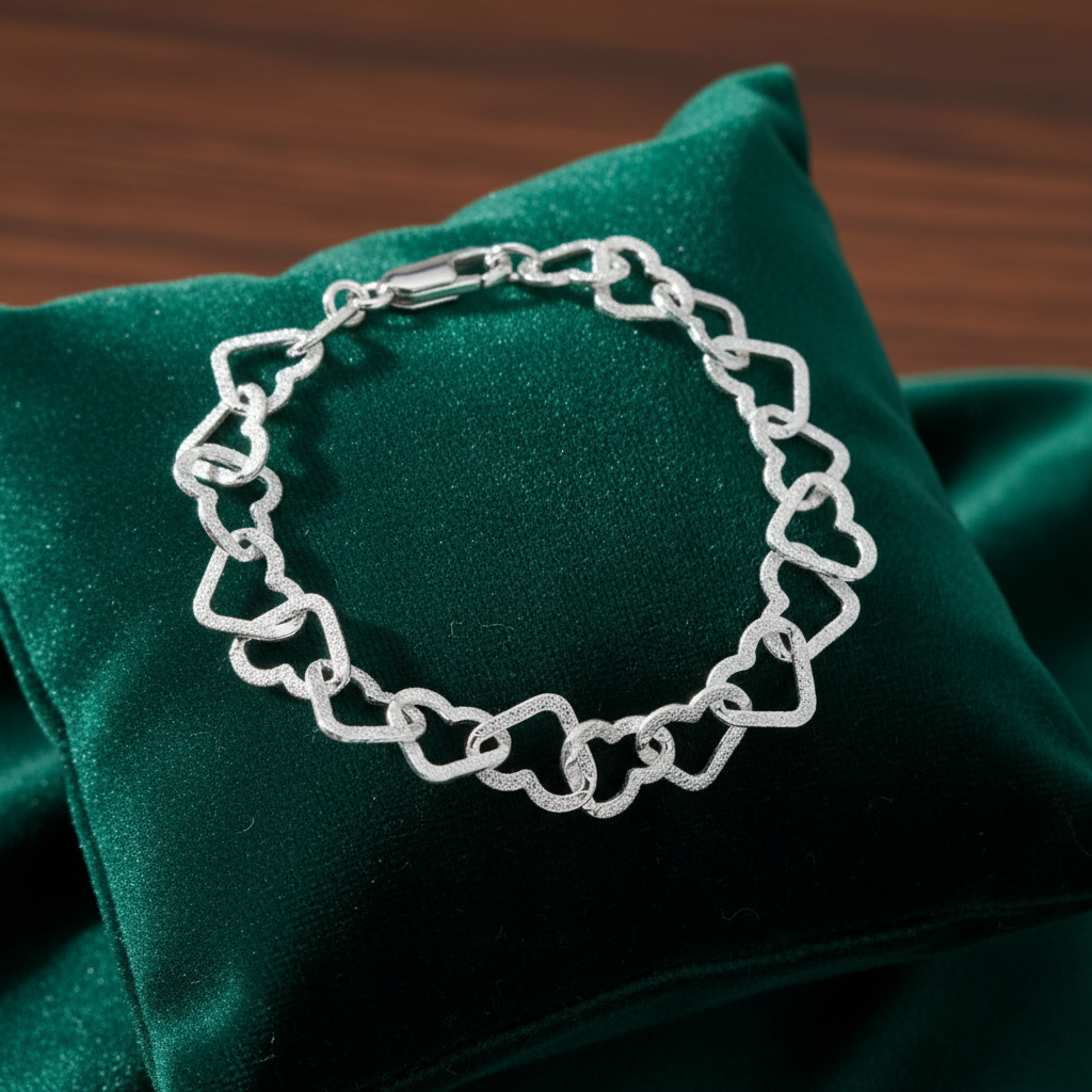 Silver Heart Link Bracelet - Emerald Green Velvet Cushion